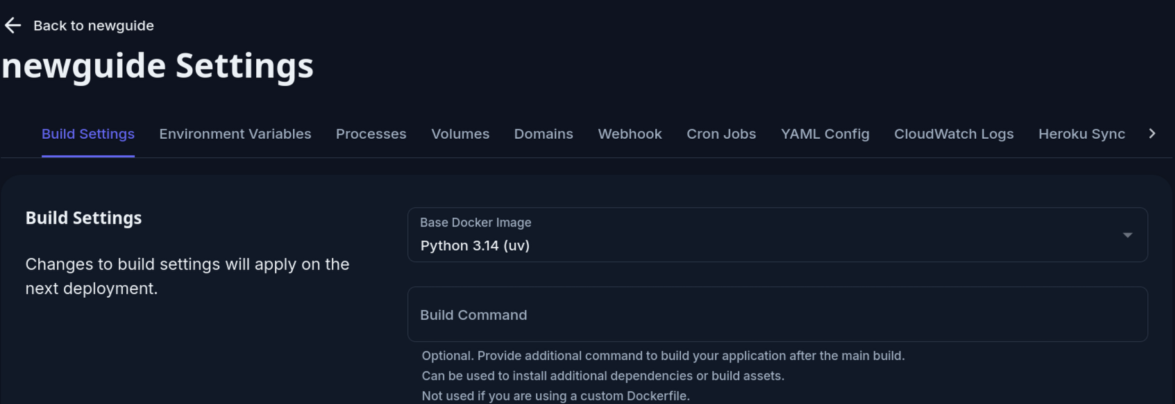 Build settings Python 3.14 uv