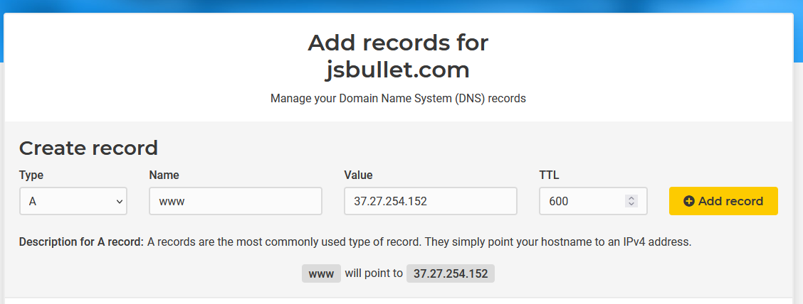 Hetzner subdomain record