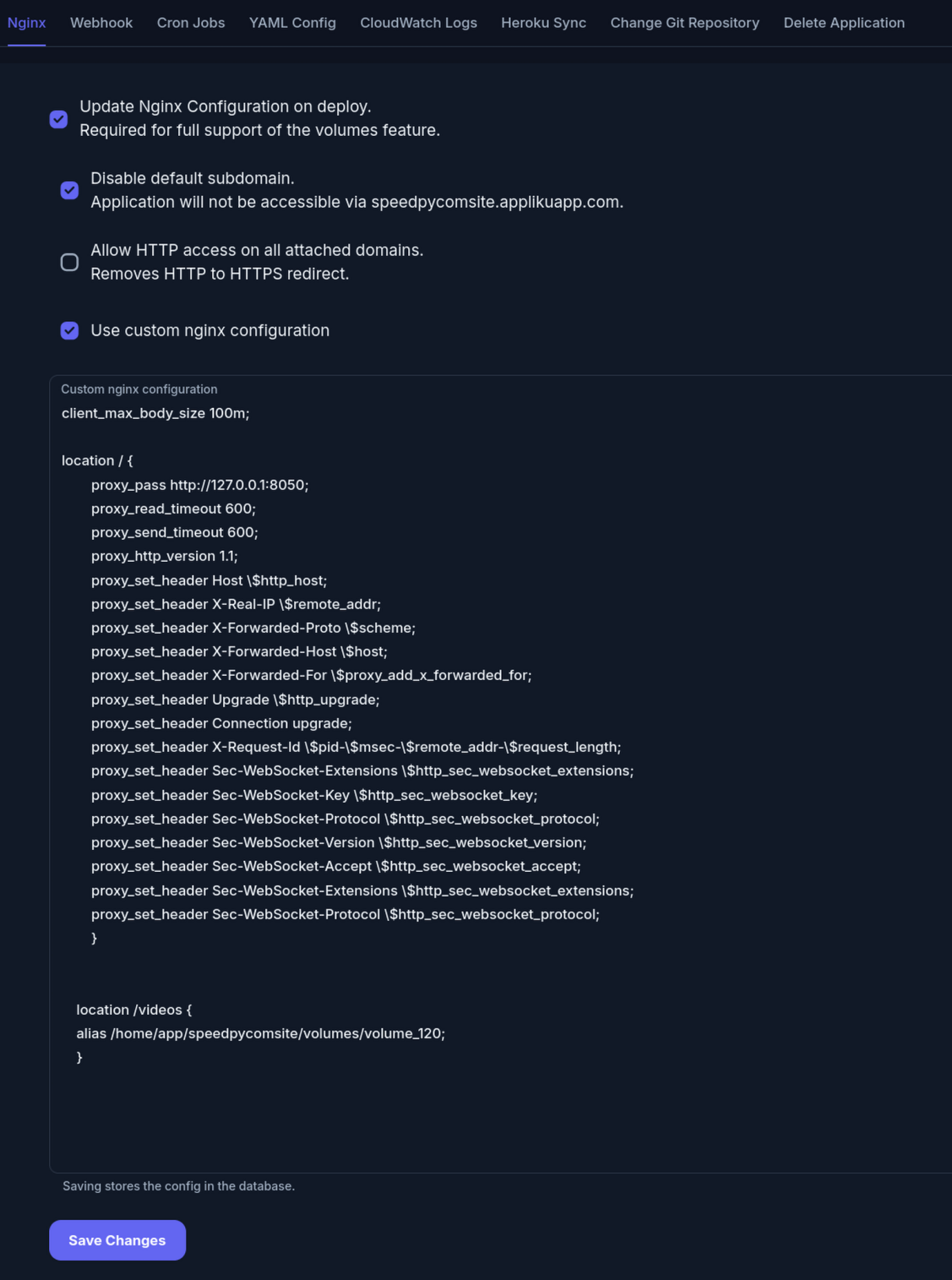 Nginx settings tab showing checkboxes and the custom config editor